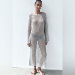NWOT Zara Silver LONG METALLIC MESH KNIT DRESS